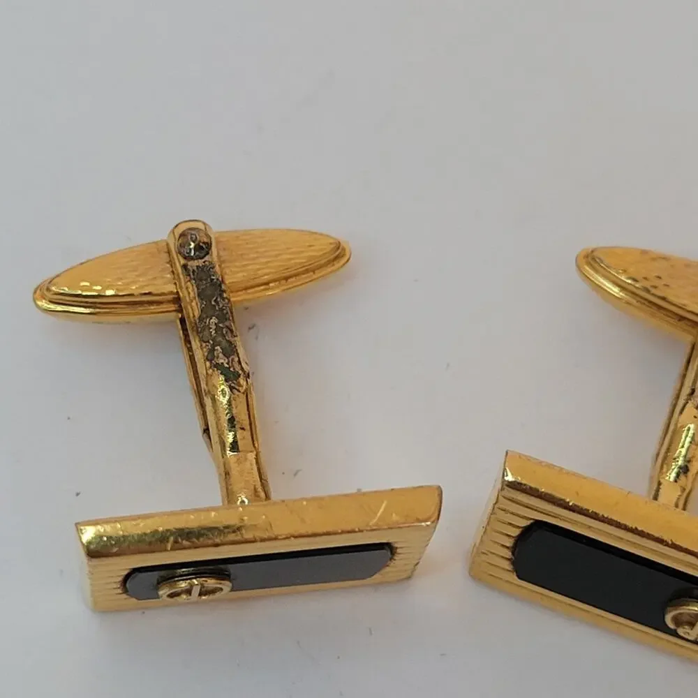 Dunhill D Cufflinks Gold Onyx Black Tone Logo Square Designer Logo Vintage Fair